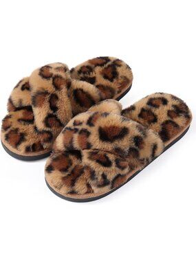 Womens Leopard Brown Faux Fur Memory Foam Fuzzy House Slippers Soft Slippers
